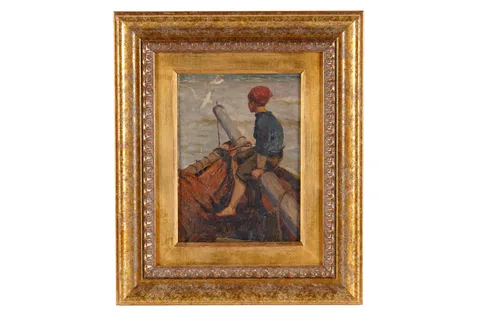 Isa Jobling, Boy on a boat, (with study of fishing boats verso), oil on panel