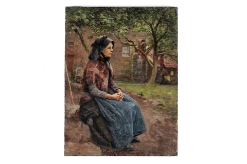 Isa Jobling, Portrait of a widowed fisherwoman in a black Staithes bonnet, oil on canvas