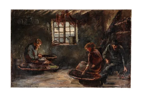 Isa Jobling, The Oyster Shuckers, oil on canvas, removed from stretcher