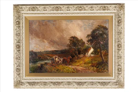 John Falconer Slater, A cart passing a cottage, oil on canvas