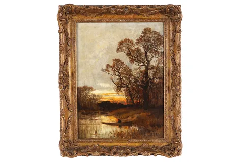 Karl Heffner, Sunset with figure in a boat, oil on canvas