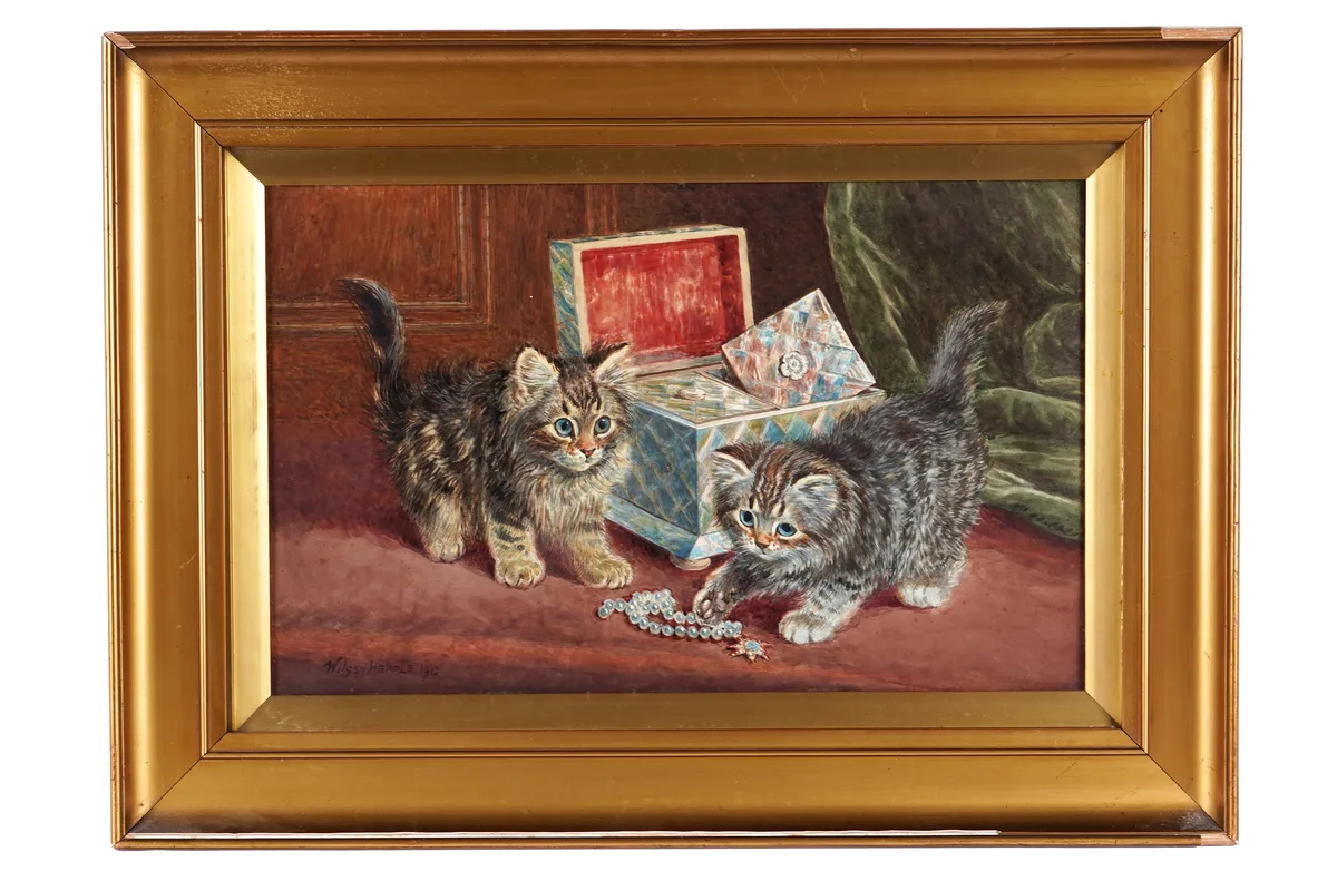 Wilson Hepple, Two Kittens and a jewellery box, watercolour