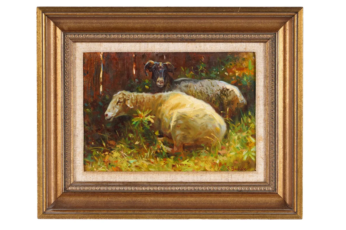 Sergio Budicin, Two resting sheep, oil on panel