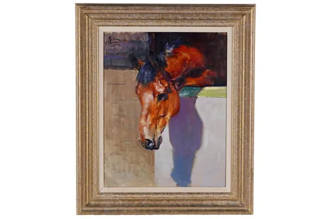 Malcolm Coward, Study of a bay horse in a stable, oil on board