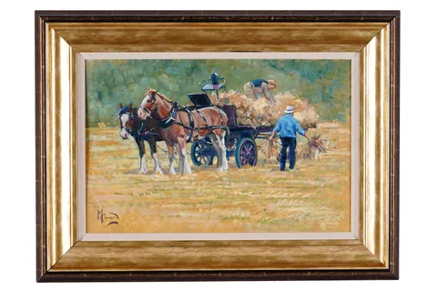 Malcolm Coward, Loading the hay onto the cart, oil on board