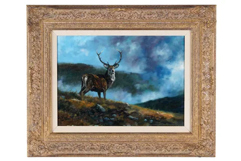 John Trickett, Stag in the Highland mist, oil on canvas