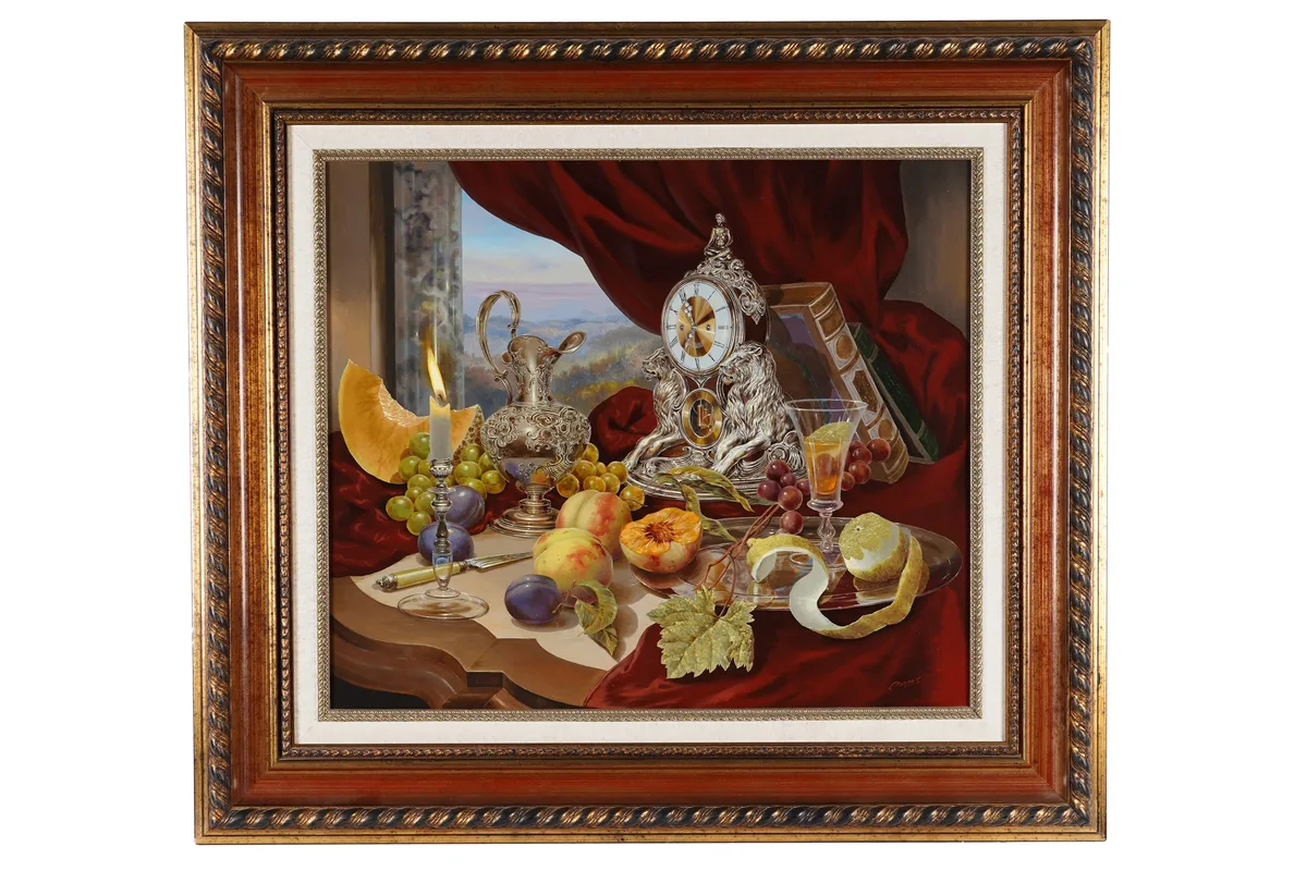 Gyula Boros, Still life with fruit and silverware, oil on board