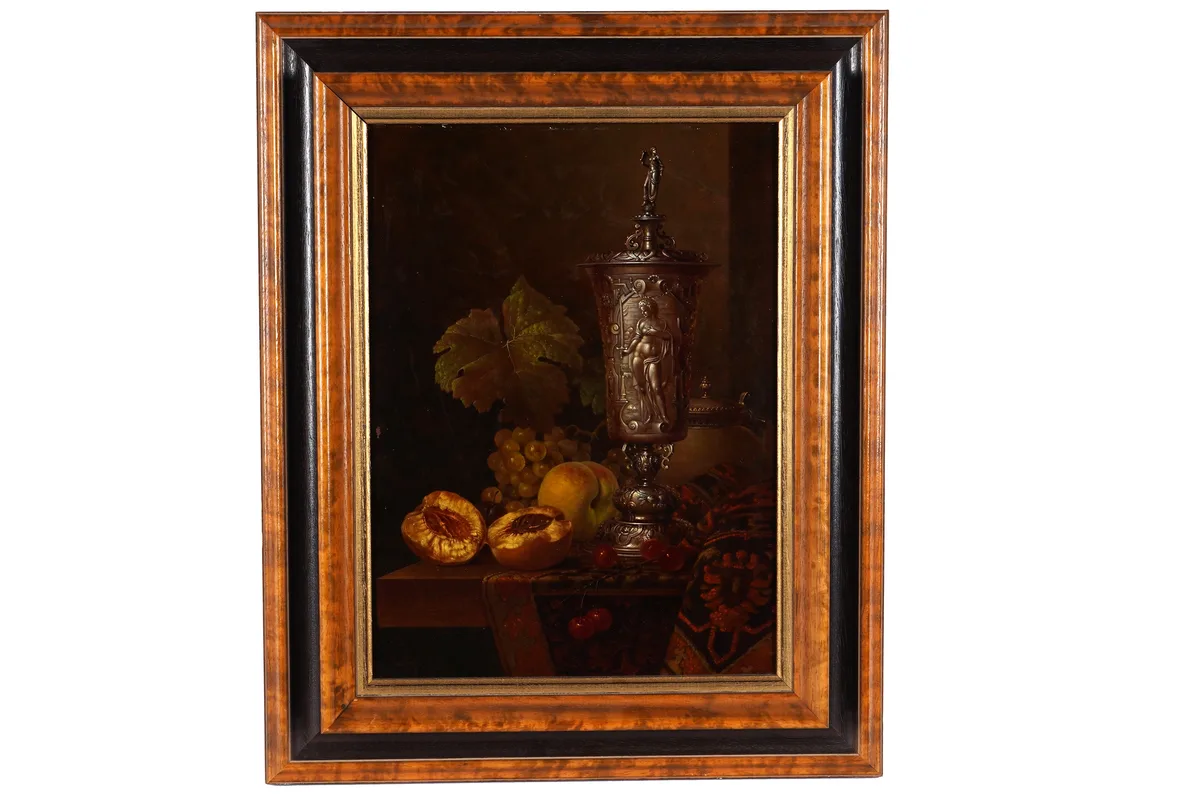 Andreas Gyula Bubarnik, Still life with chalice and fruit, oil on board