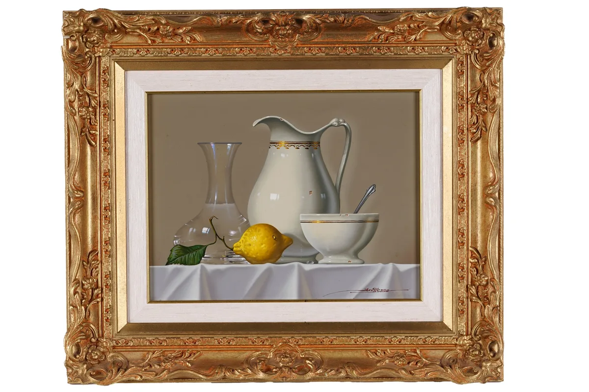 Javier Mulio, Still life of tableware and a lemon, oil on board