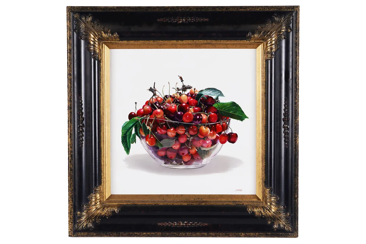 Jesus Navarro, Bowl of cherries, oil on canvas