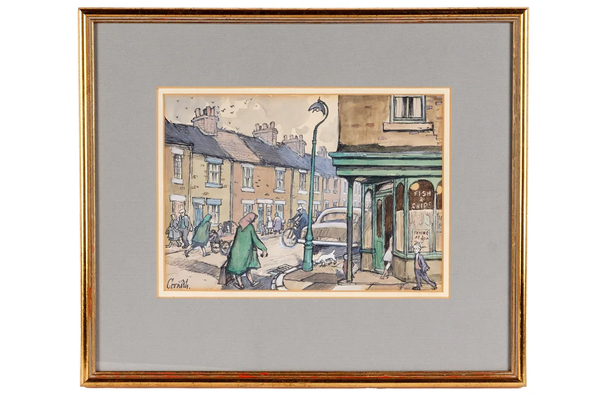 Norman Cornish, Fish and Chip Shop, watercolour, gouache and Flo-Master pen
