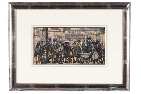 Norman Cornish, Midland Bank, mixed media; Flo-Master pen and colour wash over newspaper print