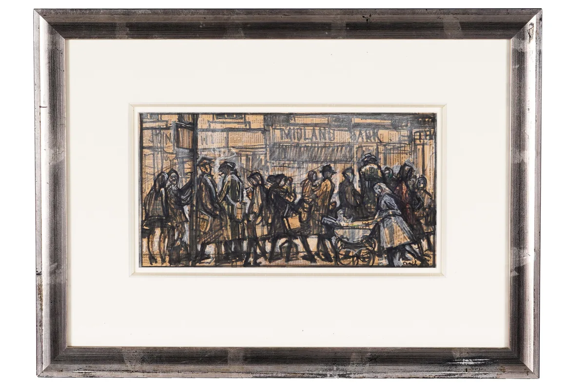 Norman Cornish, Midland Bank, mixed media; Flo-Master pen and colour wash over newspaper print