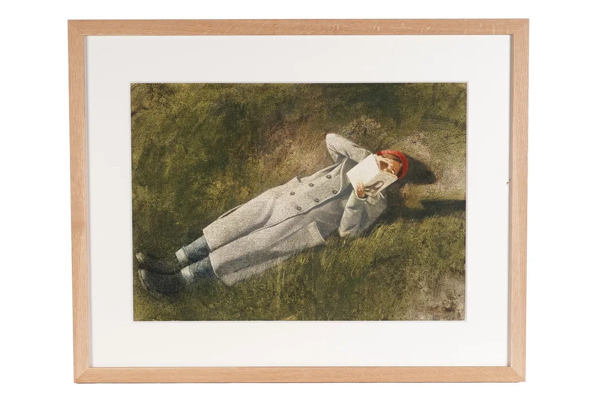 Maxwell Doig, Figure Reading on Grass 1, acrylic on paper