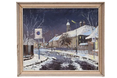 Joyce Mary Tully, Snowy street scene at night, oil on canvas