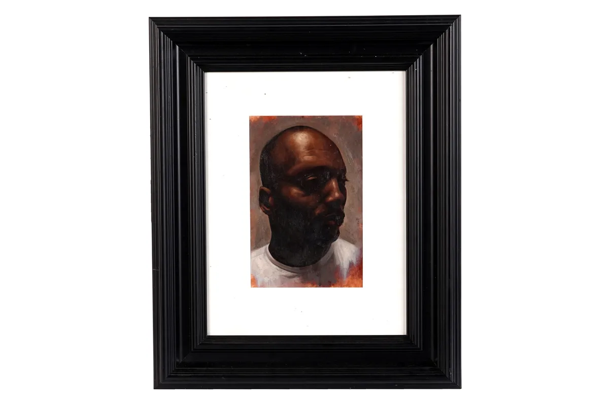 Contemporary School, Portrait of a man in a white t-shirt, oil on paper
