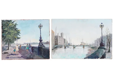 Joyce Mary Tully, Two scenes on the banks of the Thames, oil on canvas