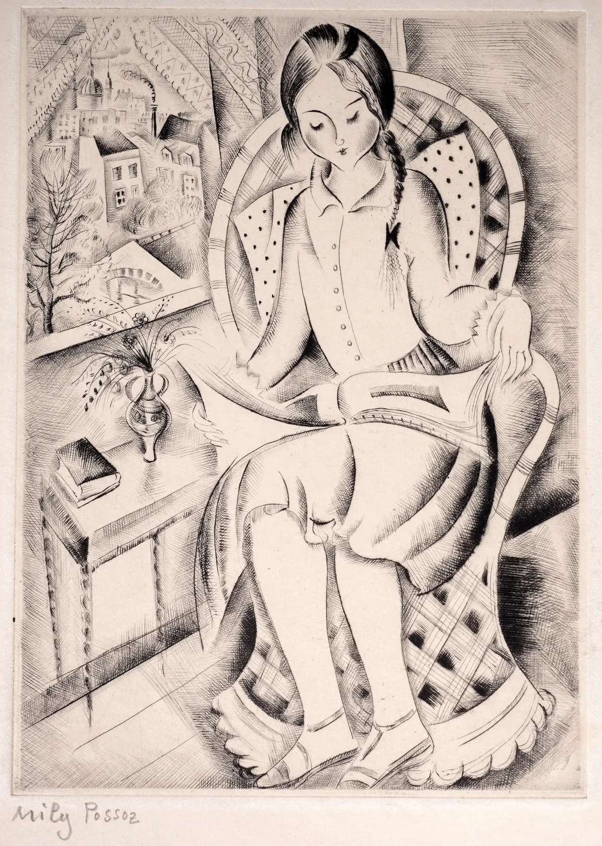 Mily Possoz, Seated girl reading a newspaper, etching