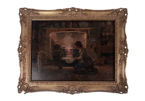 Arthur Wilde Parsons, A mother and her baby by the fire, oil on board