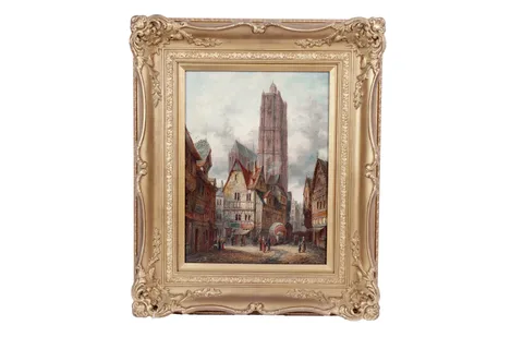 Alfred Bentley, Two French townscapes, oil on canvas