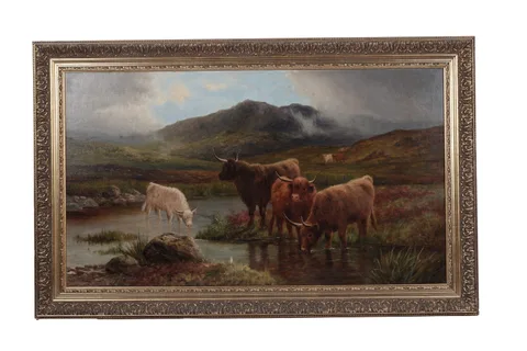 A. Farquharson, Highland cattle watering in a stream, oil on canvas