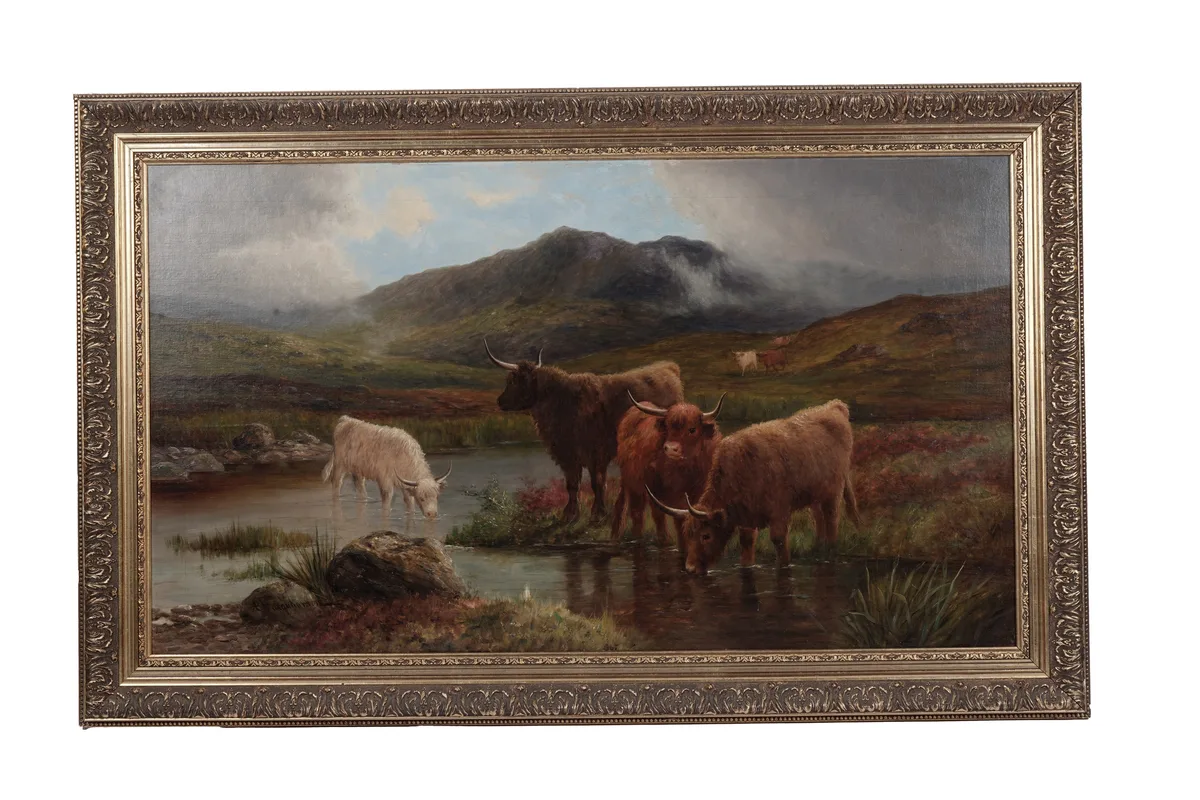 A. Farquharson, Highland cattle watering in a stream, oil on canvas