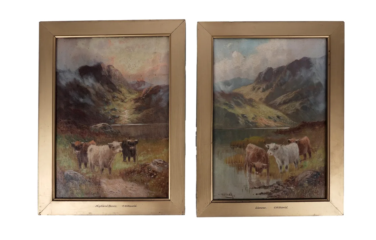 C. W. Oswald, A pair of landscapes with highland cattle, oil on canvas