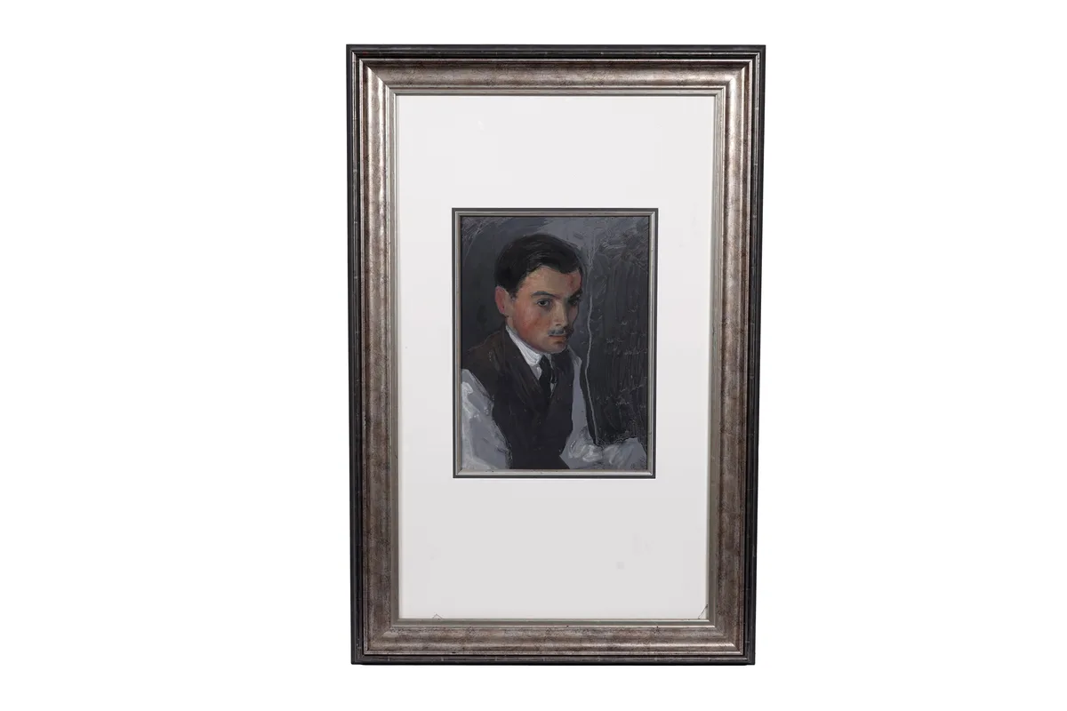 Portrait of Esmond Burton by Charles Gascoigne, mixed media on board, sold Mar 2026