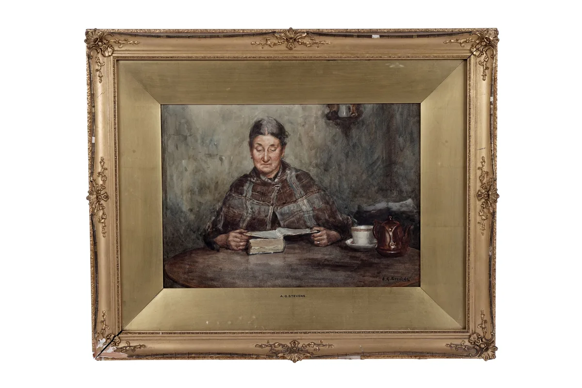 Albert George Stevens, Portrait of a lady reading with a cup of tea, watercolour