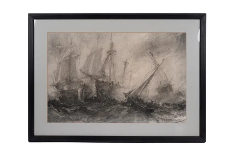George Sheffield, A naval battle scene, charcoal on paper
