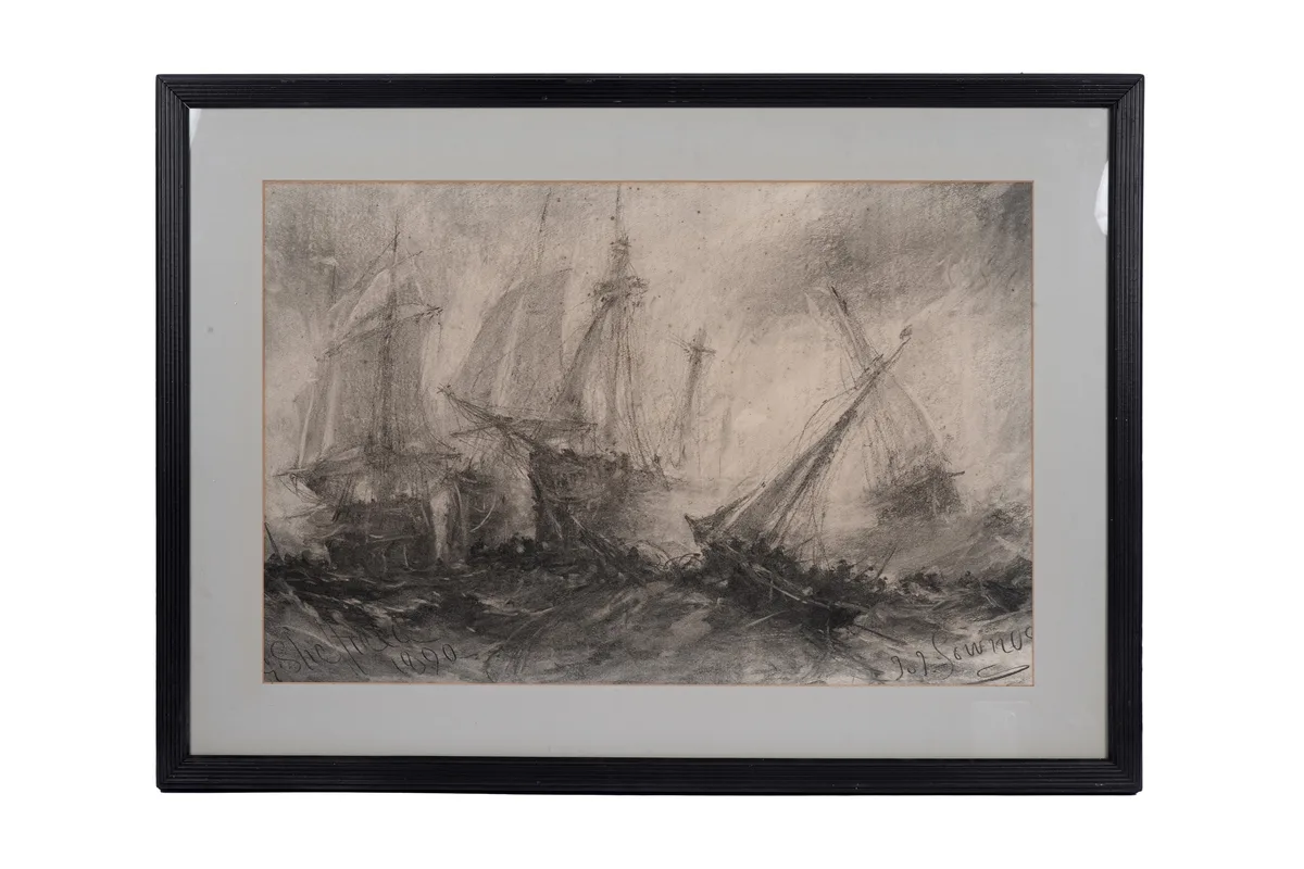 George Sheffield, A naval battle scene, charcoal on paper