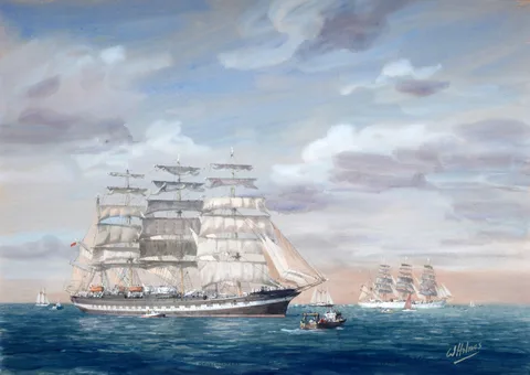 Walter Holmes, Tall ships: Kruzenshtern, and Sedov, watercolour and bodycolour