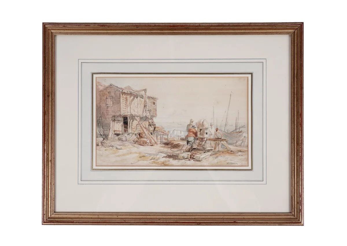 Henry Perlee Parker, Fishermen leaning on a capstan by the Tyne, watercolour
