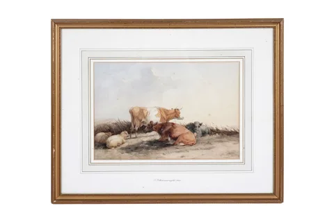 Thomas Francis Wainewright, Cows and sheep in a meadow, watercolour