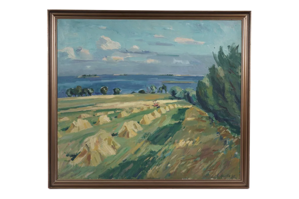 Rasmus Karlin, Haystacks by the coast, oil on canvas