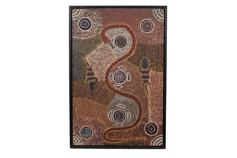 Barney Tjungurrayi, Snake and Blue-Tongued Lizard, oil on canvas