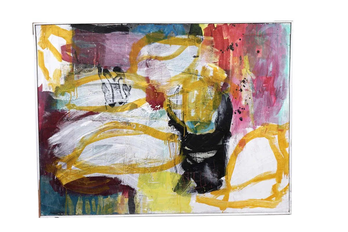 S.C. Austuk, Abstract composition with yellow streaks, mixed media on canvas