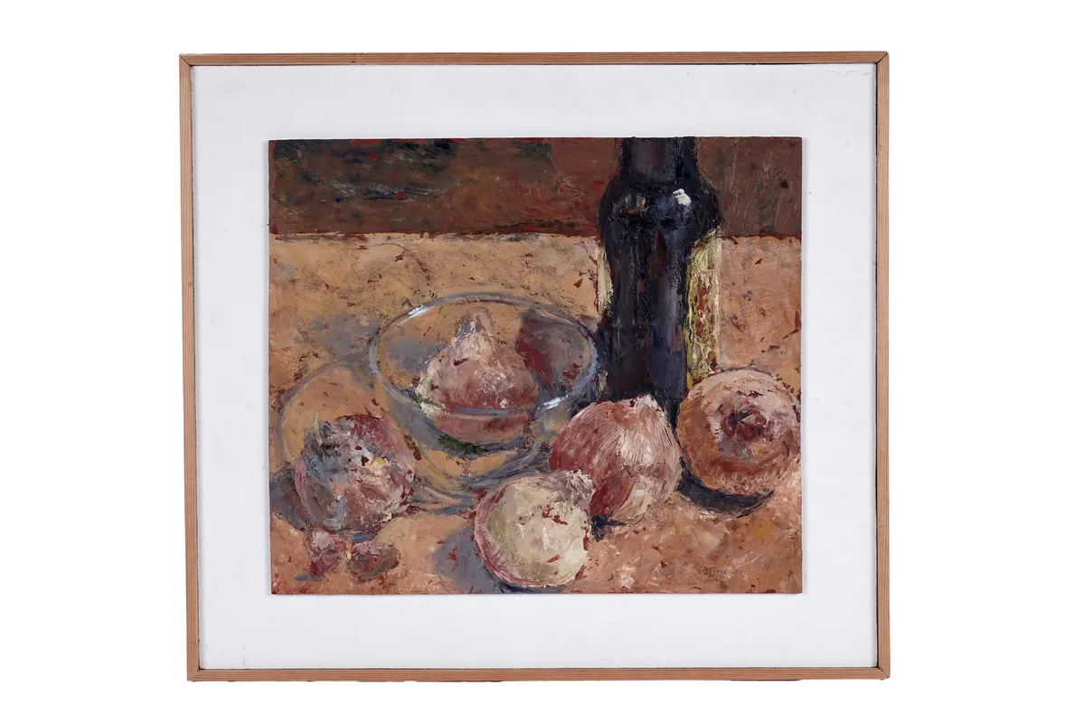 Ian Bennett, Still life with onions and wine, oil on board