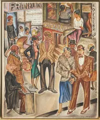Joseph Limarzi, On the Street Outside the Franklin Theatre, watercolor on paper