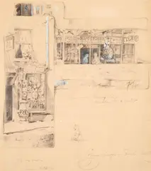Robert Frederick Blum, Exteriors of Shops in the French Quarter, pencil and white wash on brown paper