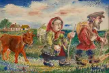 David Burliuk, A Man and Woman Leading a Cow, watercolor on paper