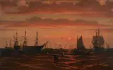 William Wilson Cowell, Ships at Sunset (probably Narragansett Bay), oil on canvas