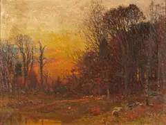 John Joseph Enneking, Twilight in Autumn with Sheep and a Forest Stream, oil on canvas