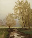 William Trost Richards, Landscape with Stream and Pasture at Springtime, oil on canvas affixed to wood panel
