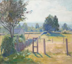 Hope Smith, A Sunny Meadow with a Shed and Stile, oil on canvas