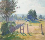Hope Smith, A Sunny Meadow with a Shed and Stile, oil on canvas