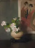 Adelaide Cole Chase, Still Life with Geishas, oil on artist board