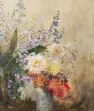 Dahlias and Funki Lillies by Louis Comfort Tiffany, oil on canvas, sold Mar 2025
