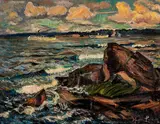 Hayley Lever, Boats on a Choppy Inlet, oil on canvas