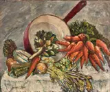Joseph Biel, Still Life of Vegetables and a Red Pan, oil on canvas